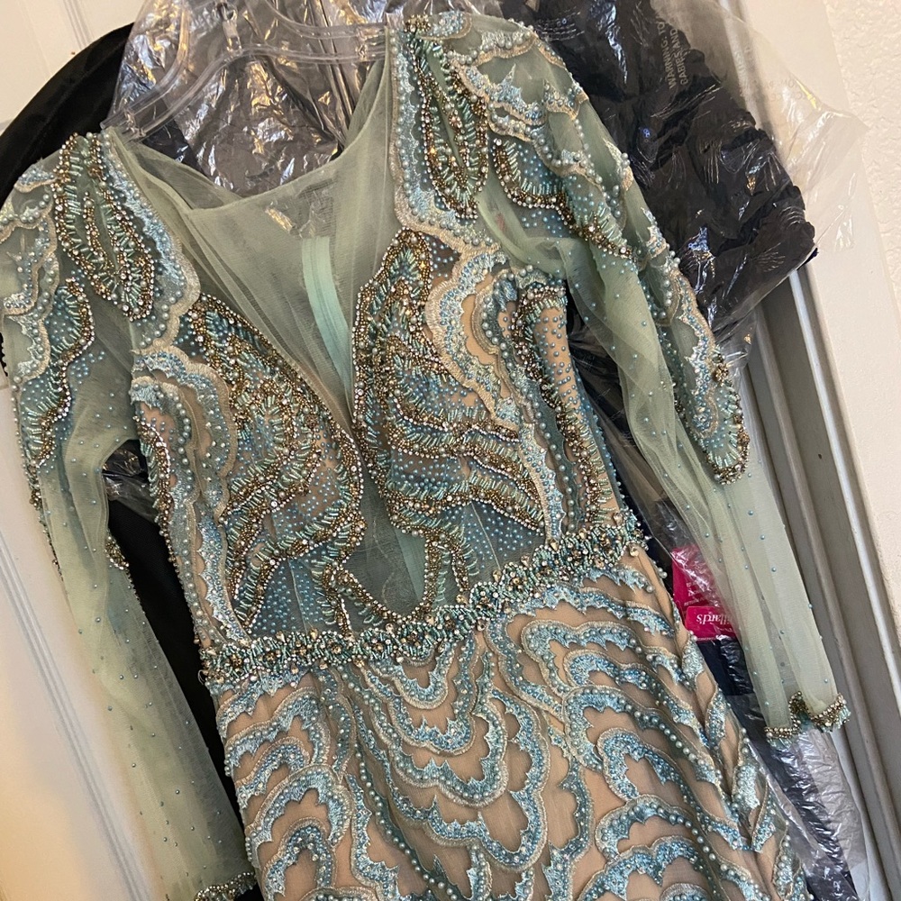 TERANI  COUTURE feathered embroidered Gown